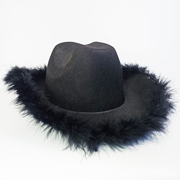 1 Sort Cowboyhat Med Fjerboa Fluffy Feather Brim Adu