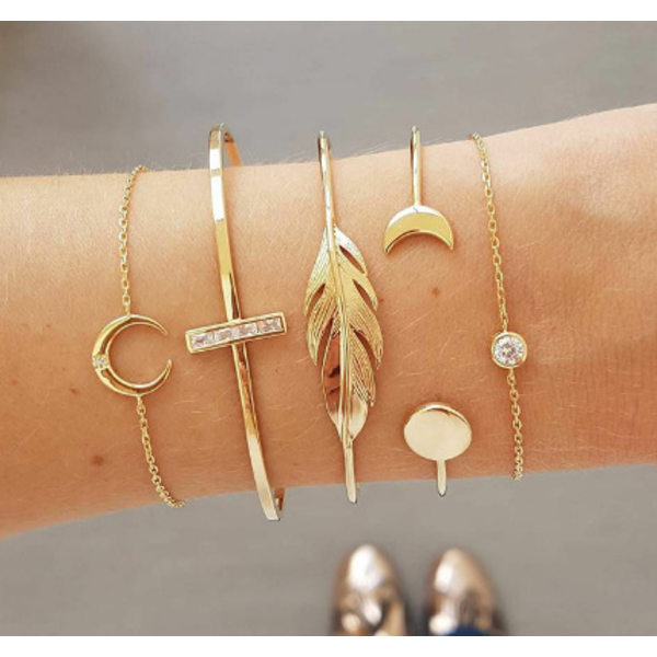 Boho sett med 5 gullbelagte åpne bladmåne armbånd for kvinner