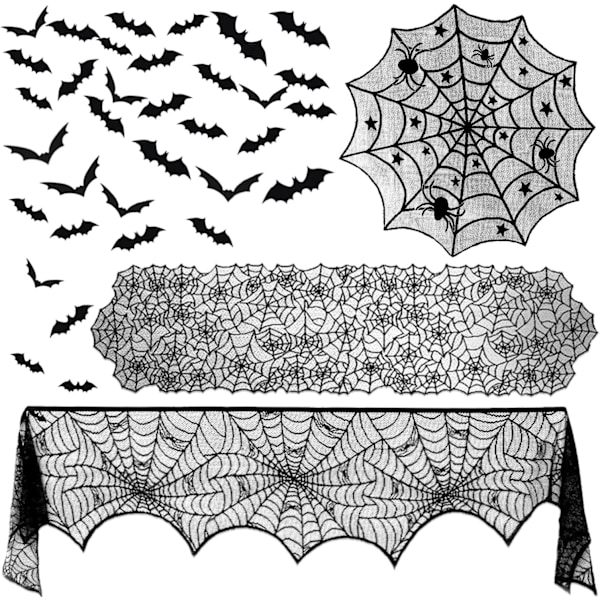 35 kpl Halloween-koristeet, mukaan lukien musta pitsi hämähäkinverkko pyöreä T