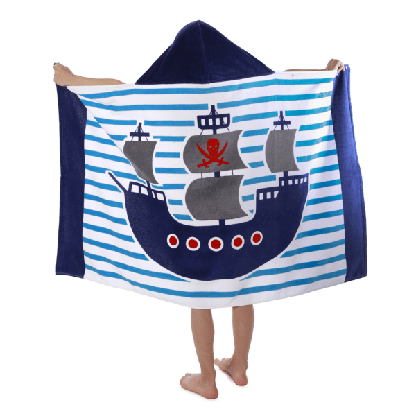 Strandhandduk med huva för barn (76*127 cm blå piratskepp) - Boy Gi