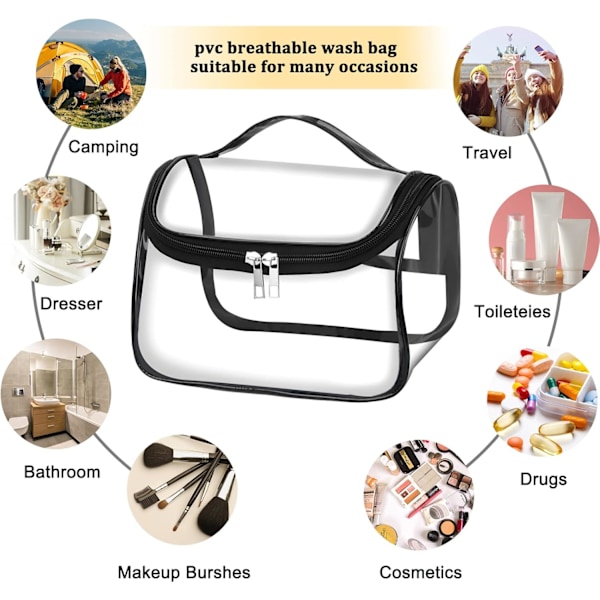Sølv/Sort 2 stk. Transparent Rejsetoilettaske PVC Vandafvisende Makeuptaske Bærbar Vandafvisende Toilettaske Pung Cosme
