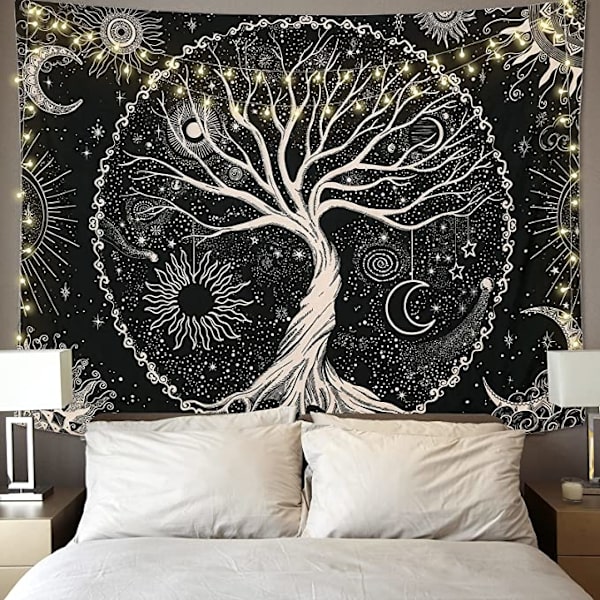 Elämänpuun seinävaate Kuu ja Aurinko (150x200cm) Musta Psykedeelinen