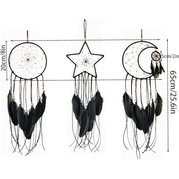 Sort - Håndlavet Dreamcatcher Sæt med 3 Håndlavede Boho Dreamcatchere