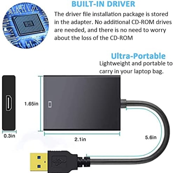 USB-HDMI-sovitin (ei Mac & Vista), 3.0/2.0 HDMI 1080p Full H