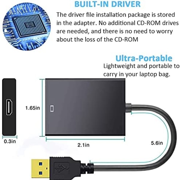 USB til HDMI-adapter (ikke Mac & Vista), 3.0/2.0 HDMI 1080p Full H