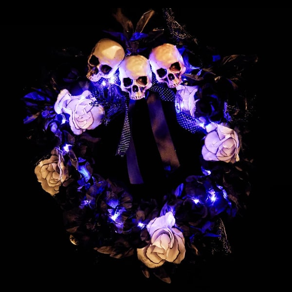 Halloween Decor Light Up Skull Wreath, Hanging House Prop Decora