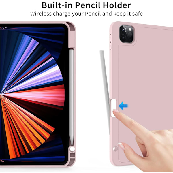 Vaaleanpunainen, suojaava kotelo iPad Pro 11-tuumaiselle (18/20/21/22), kynäpaikalla, erittäin ohut kolmiosainen Smart Cover, tukee kynää C