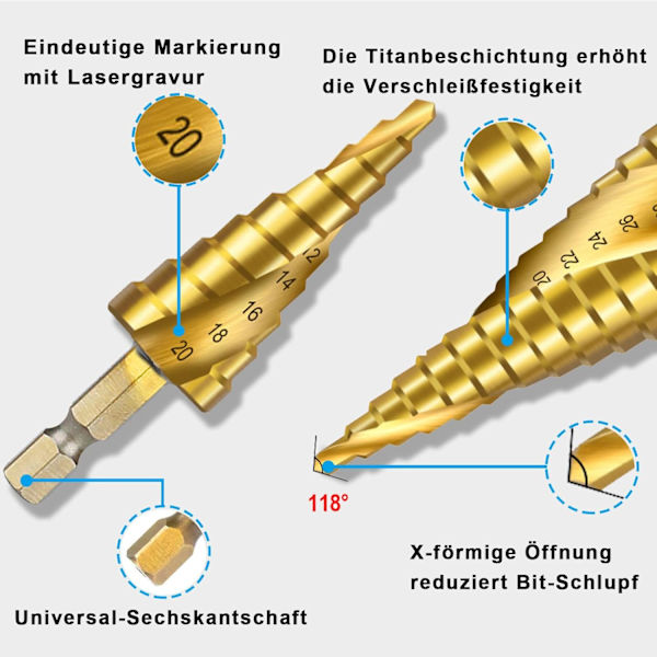 Trin Drill Bit 4 til 20 mm, HSS Konisk Drill Bit til Metal, Træ, Plast