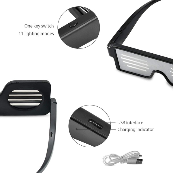 LED Trådlösa Glasögon Festdekorationer USB Uppladdningsbar 11 Patte