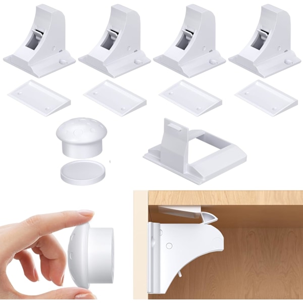 Magnetiska barnskyddsskåpslås för barn 4-pack + 1 nyckel, Babysäkerhetslås för skåp och lådor med självhäftning