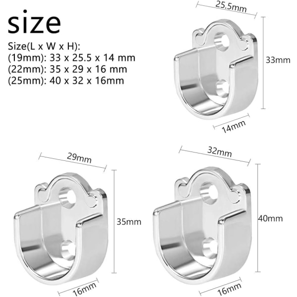 4-pakks Flangerte Stangbraketter (19 mm), Sink-legering Gardinstangsholder