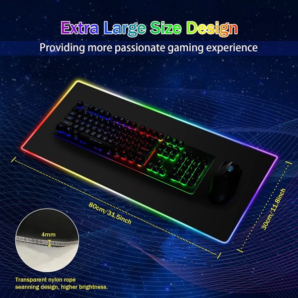 Sort - Gaming-musemåtte, 800 x 300 mm, stor, lysende tilstand, LED