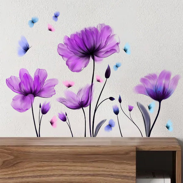 Väggdekaler Lila Blomma Väggdekaler för Sovrum Fjärilar Tulpan Väggdekaler Avtagbara Självhäftande Väggdekaler