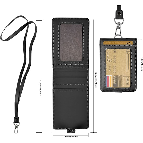 Sort - ID-kortholder med snor Lodret læder ID-badge Ho A