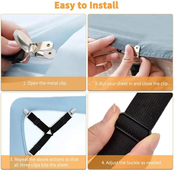 Svart - Set med 4 justerbara elastiska lakan clips för sängkläder, m