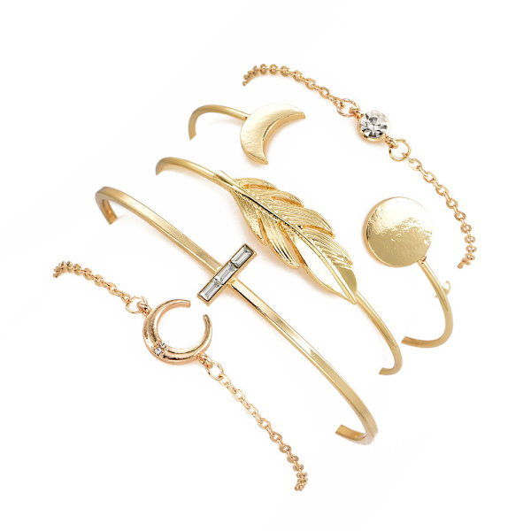 Boho sett med 5 gullbelagte åpne bladmåne armbånd for kvinner