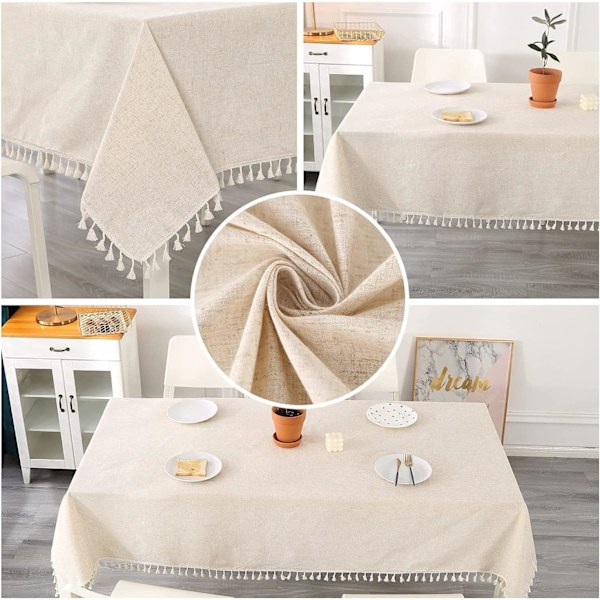 Rektangulær duk i beige, flekkbestandig, vaskbar bomullslinduk med dusker, duker til fødsel 140 x 100 cm