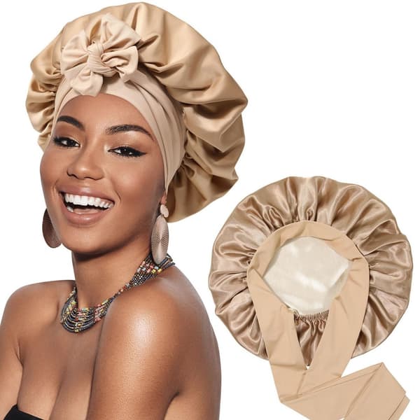 (Kaffe + Champagne) Satin Bonnet Silk Bonnet för Sömn Silk Nattmössa Dubbla Lager Hårmössa med Elastiskt Band för
