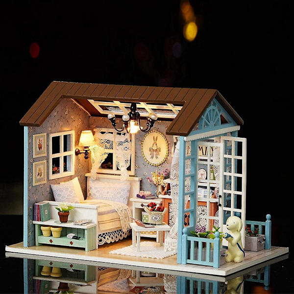 Diy træ miniature møbler kit hus legetøj med LED Li