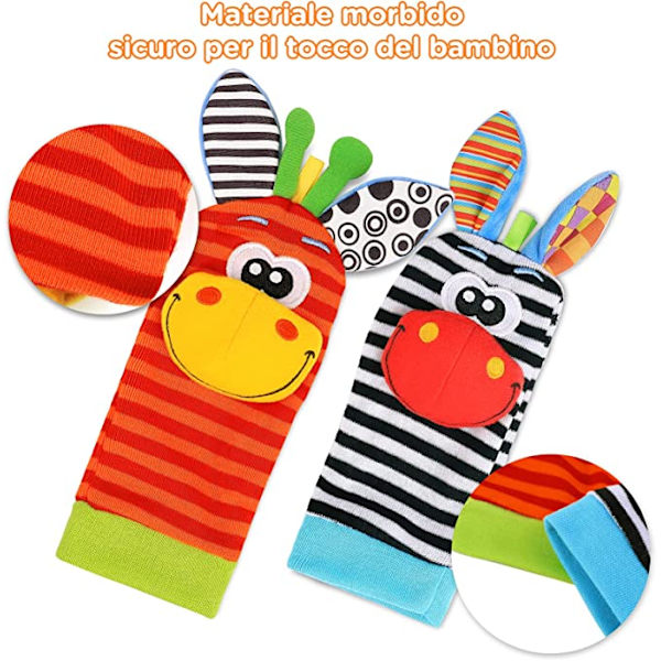 Set med 4 baby handleds- och sockleksaker (randigt), handledsklocka med råtta