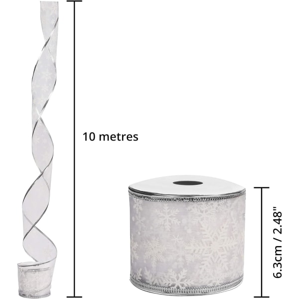 Hopeinen organza-lahjanauha - 10m x 6,3cm punainen langallinen joulunauha kimalteella ja lumihiutaleilla joulukoristeluun - leveät nauhat joululahjojen paketointiin ja koristeluun