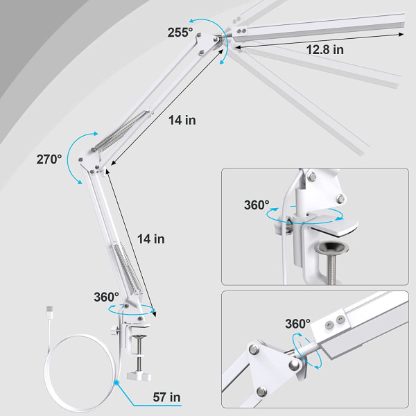 Vit LED-skrivbordslampa - Kraftfull LED-skrivbordslampa med klämma - Eye Pro