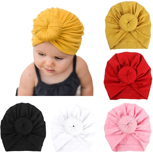 5 stk Baby Turban Nyfødt Beanies Hatter Sløyfer Søt Elastisk