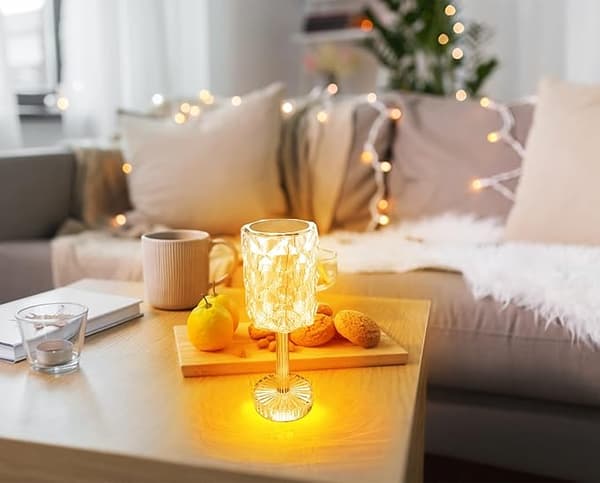 Genopladelig Rose Shadow Bordlampe, Krystal Vinglas, Touch