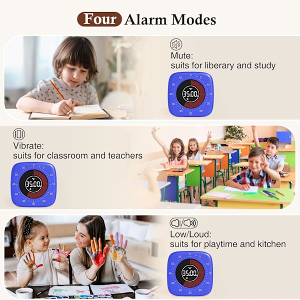 Oppladbar visuell timer (blå), digital timer med 4 alarmmodi
