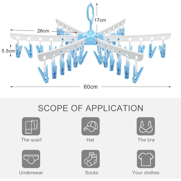 Sokketørkestativ med 36 klesklyper, sammenleggbar klesheng, L B