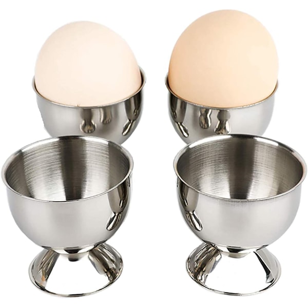 4 stk eggekopp, eggebrett i rustfritt stål, eggebrett, eggeglass, and