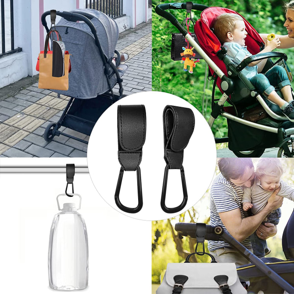 2 st krokar (svart), barnvagnskrokar i läder, barnvagnsväska