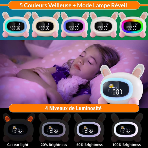 Barnevekkerklokke med nattlys 5 farger Justerbar lysstyrke