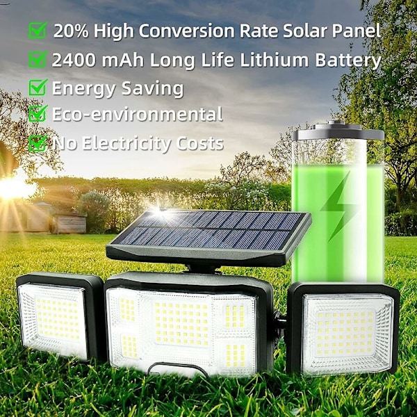 Utendørs solcelle vegglampe LED-lampe 3 hoder 192 LED-er bevegelsessensor S