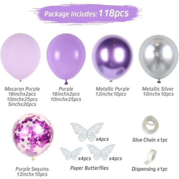 Purple Balloon Arch Kit, 118 stk Purple Silver Balloon Arch Garla