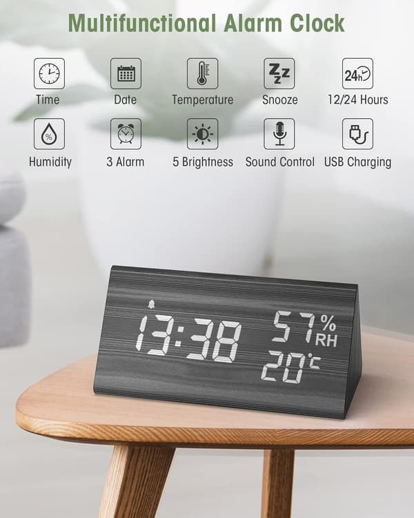 Trädigital väckarklocka, digital klocka med snooze/datum/T