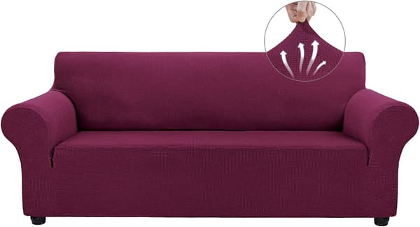 Soffaöverdrag för 3-sits soffa, stretchbar, möbelöverdrag (Vinröd)