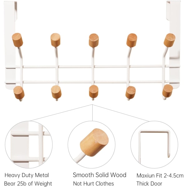 Vit - Hållbar metall över dörrkrok med 10 träkrokar