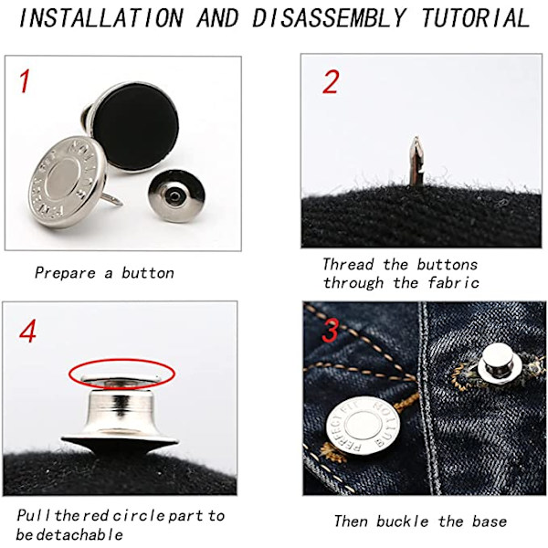 10 stk. Jeans-knapp, 17mm avtakbar metall DIY-knapp, justerbar