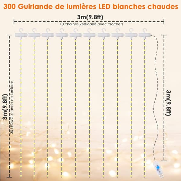 Gardinstrenglys 3 * 3M 300 LED 8 Lysmoduser, USB