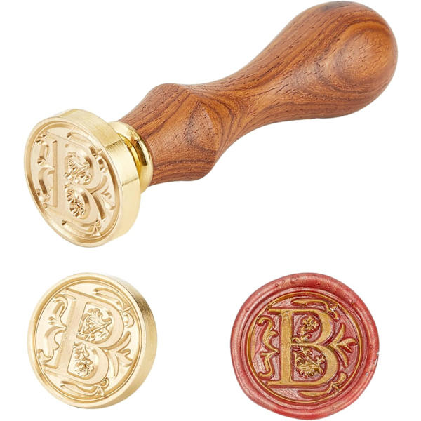 Forseglingsstempel i messing med trehåndtak og bokstaver fra alfabetet, 25 x 14 mm, 75 mm, Bokstav-B, 25x14mmx75mm