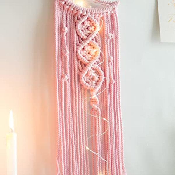 Rosa måne drømmefanger med lys, romdekor, boho-dekor, vegg