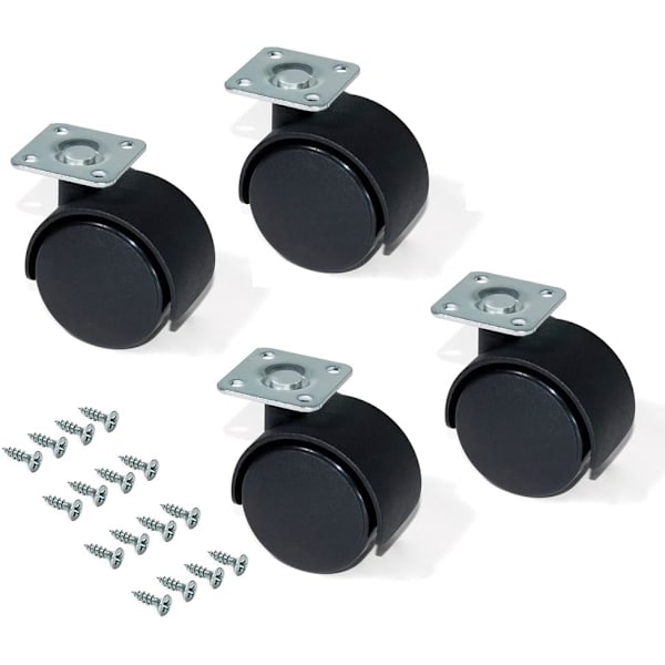 Set med 4 svarta svängbara möbelhjul utan broms, diameter 40 mm