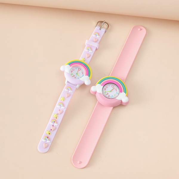 1 st barns klocka (bred rosa rem), barns vattentäta armbandsur kvartsurverk, 3D tecknad design, digital barnklocka för 3 år till 11 år gammal pojke flicka D