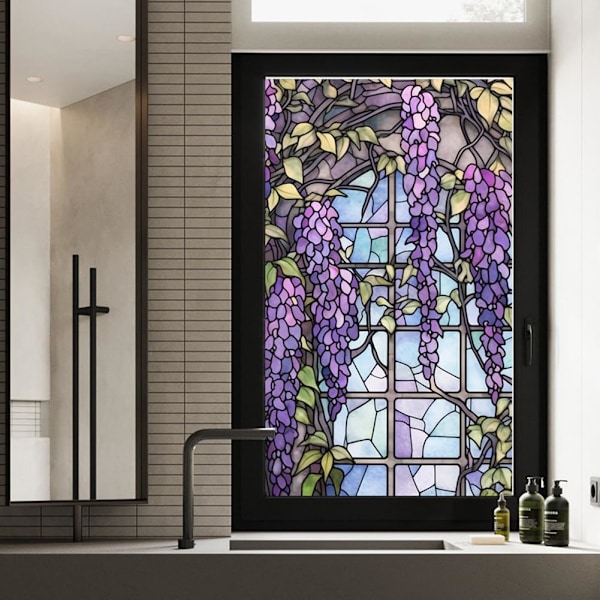 Fönsterfilm med blommönster för målat glas UV-blockering Värmeisolering Lila mönster för fönsterdekoration