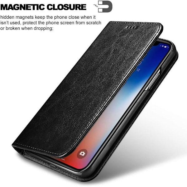 Sort Wallet Case, Premium Læder Case Folio Flip Cover med Støttefod og Trådløs Opladning