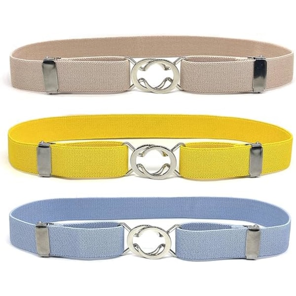 3 stk. Justerbart Elastisk Stretch Belte for Gutter og Jenter Lyseblå + Gul + Beige