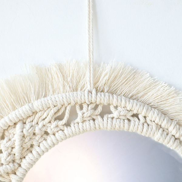 Hængende vægspejl med macrame-frynser, rund boho-spejl