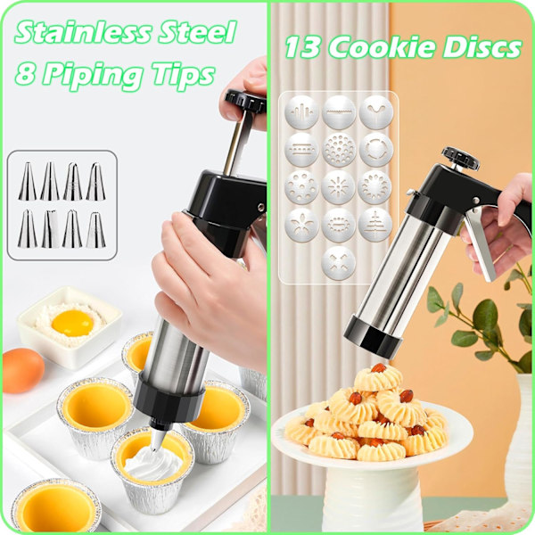 Kakepresssett, Kakepresspistol i rustfritt stål med 8 sprøytetips og 13 kakeplater for DIY