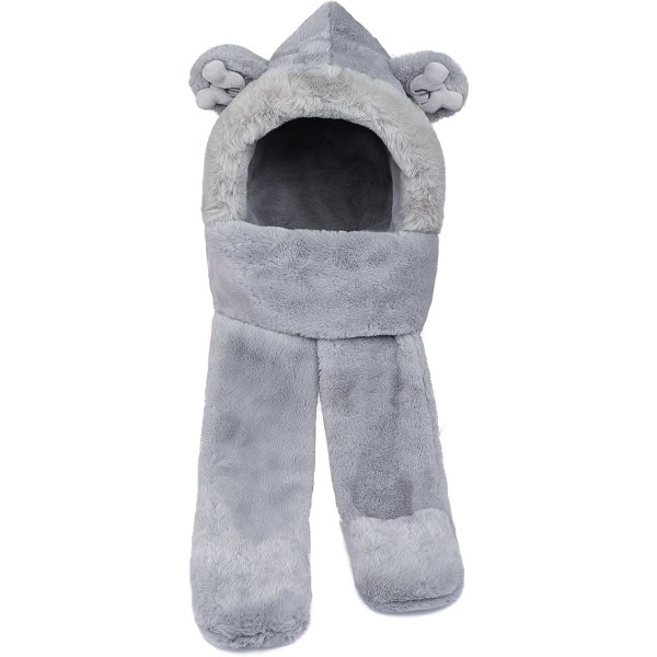 Kids 3 in 1 Hat Scarf(Gray Blue) Glove Set Winter Cute Plush Bean